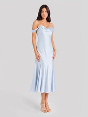 Off Shoulder Satin Bias-cut Midi Dress