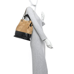 Suede Calfskin Shiny Lambskin Quilted Shopping Bag Beige Black