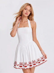 Cherry Embroidered Halter Mini Dress