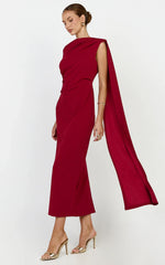 Visenta Midi Dress - Asymmetrical Sleeve Dress in Wine