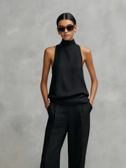 Women's Sleeveless Set | Elegant Round-Neck Top and Trousers Two-Piece