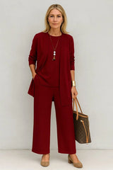 Women's Three-Piece Cardigan Set | Longline Open-Front Wide-Leg Pants Set