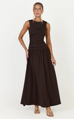 Marguerite Maxi Dress - Gathered Detail Dropped Waist Dress in Dark Chocolate