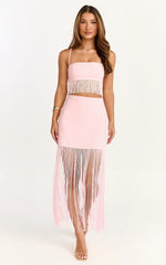 Evie Two Piece Top and Skirt Set - Fringed Micro Top And Tiered Fringed Mini Skirt in Pink