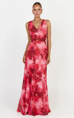 Maila Maxi Dress - Draped Cowl Neckline Dress in Maila Red Floral Print