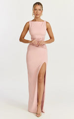 Alberta Maxi Dress - Spliced Sheer Lace Column Dress in Pink