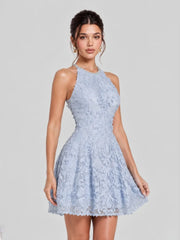 Crystal Trim 3D Floral Lace Halter Mini Dress