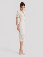 V-Neck Short Sleeves Bowknot Lace Midi Dress