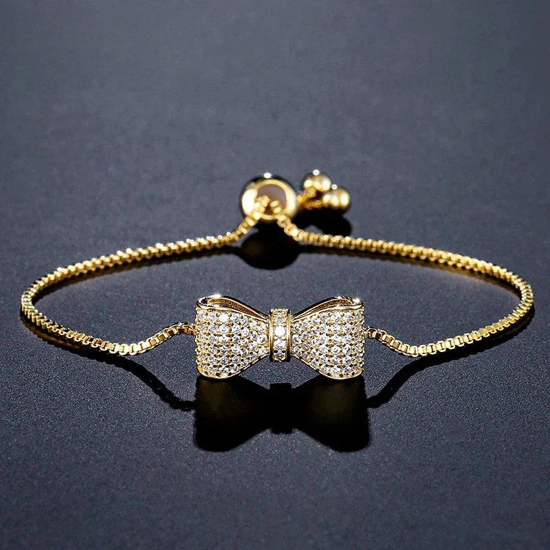 Women's Pavé Cubic Zirconia Bow Bracelet | Adjustable Stainless Steel Slider Bracelet