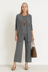 Women's Three-Piece Cardigan Set | Longline Open-Front Wide-Leg Pants Set