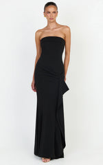 Leda Maxi Dress - Strapless Waterfall Sash Dress in Black