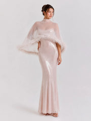 Sequin Mermaid Maxi Dress with Feather Cape