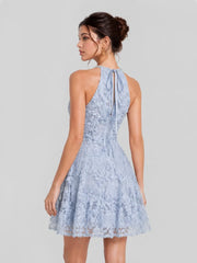 Crystal Trim 3D Floral Lace Halter Mini Dress
