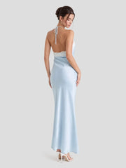 Satin Lace Trim Halter Maxi Dress