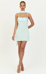 Arin Mini Dress - Satin Contrast Dress With Draped Neck Scarf in Mint