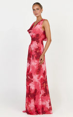 Maila Maxi Dress - Draped Cowl Neckline Dress in Maila Red Floral Print