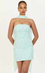 Oona Mini Dress - Strapless Floral Embroidered Dress With Draped Neck Scarf in Mint