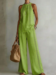 Women's Wide-Leg Trouser Set | Elegant Lace-Top Two-Piece Set