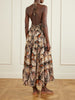 Embellished printed shirred tiered georgette halterneck midi dress