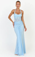 Melville Maxi Dress - Lace Bodice Draped Front Halter Dress in Blue