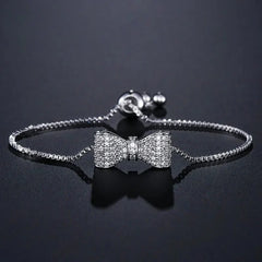 Women's Pavé Cubic Zirconia Bow Bracelet | Adjustable Stainless Steel Slider Bracelet