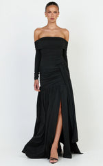 Amaya Maxi Dress - Off Shoulder Draped Long Sleeve Dress in Black