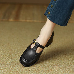 Women's T-Strap Mary Jane Shoes | Square Toe Low Block Heels