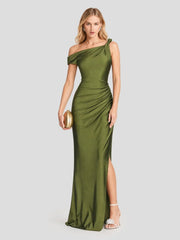 One Shoulder Asymmetric Ruched Satin Maxi Dress