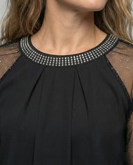 Women's Top | Elegant Mesh Sleeve Blouse with Rhinestone Trim