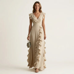 Women's Ruffle Wrap Maxi Dress | Elegant Silky V-Neck Layered-Sleeve Gown