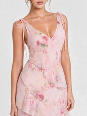 Boho Watercolor Floral Tiered Ruffle Maxi Dress