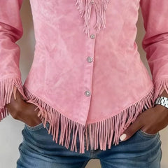 Women's Suede Fringed Shirt | Bohemian Long-Sleeve Button-Up Top