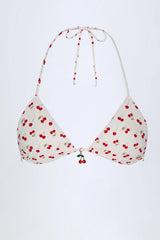 Charm-Detail Triangle Bikini Top in Cherry Print