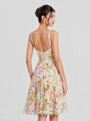 Watercolor Spaghetti Strap Eyelet Floral Mini Dress