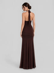 Gold-Tone Clasp Halter Hardware Maxi Dress