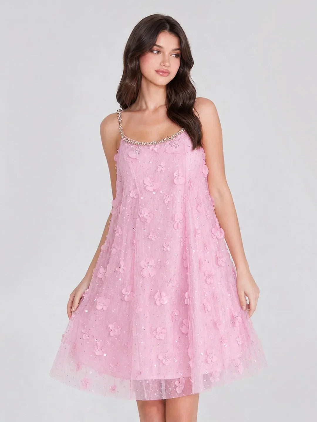 Crystal Strap 3D Floral Tulle Mini Dress
