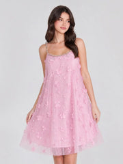 Crystal Strap 3D Floral Tulle Mini Dress