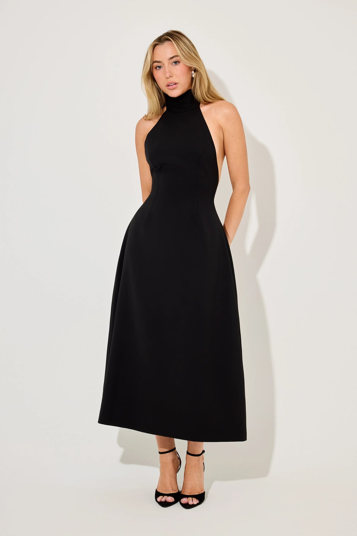 Tie Neck Volume Skirt Midi Dress